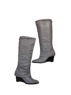 B. Makowski Gray Leather Knee High Boots Women's Size 10 Wedge Gaucho Boots